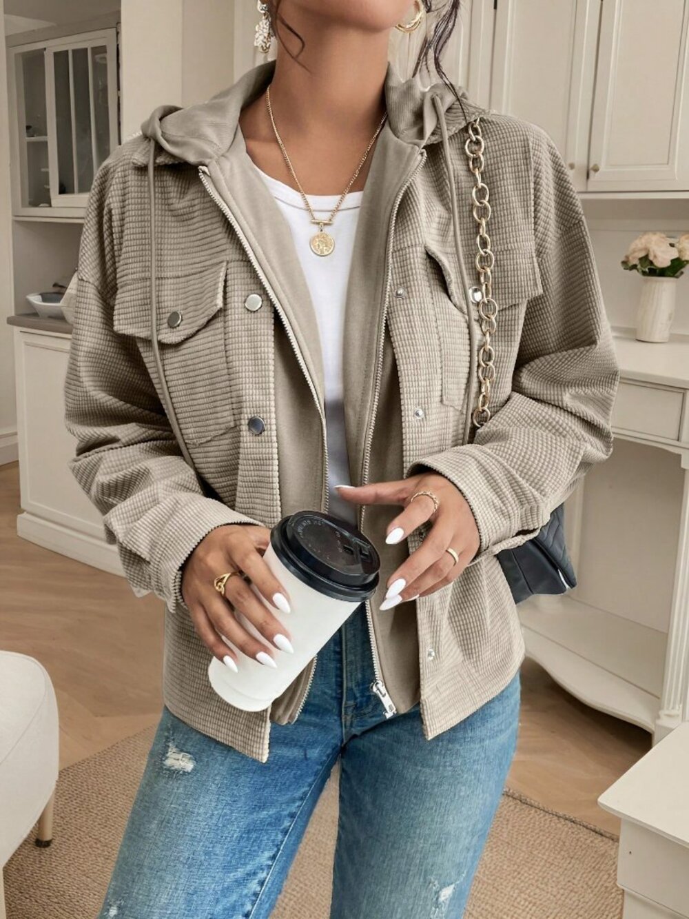 Light Grey Casual Women's Drop Shoulder Hooded Corduroy Jacket